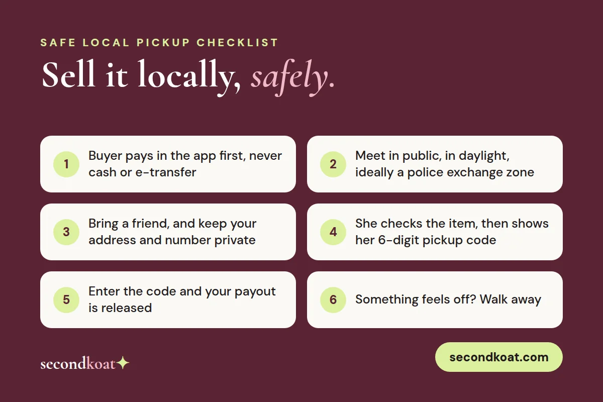 SecondKoat safe local pickup checklist: meet in public, pay in the app, check the item, share the pickup code