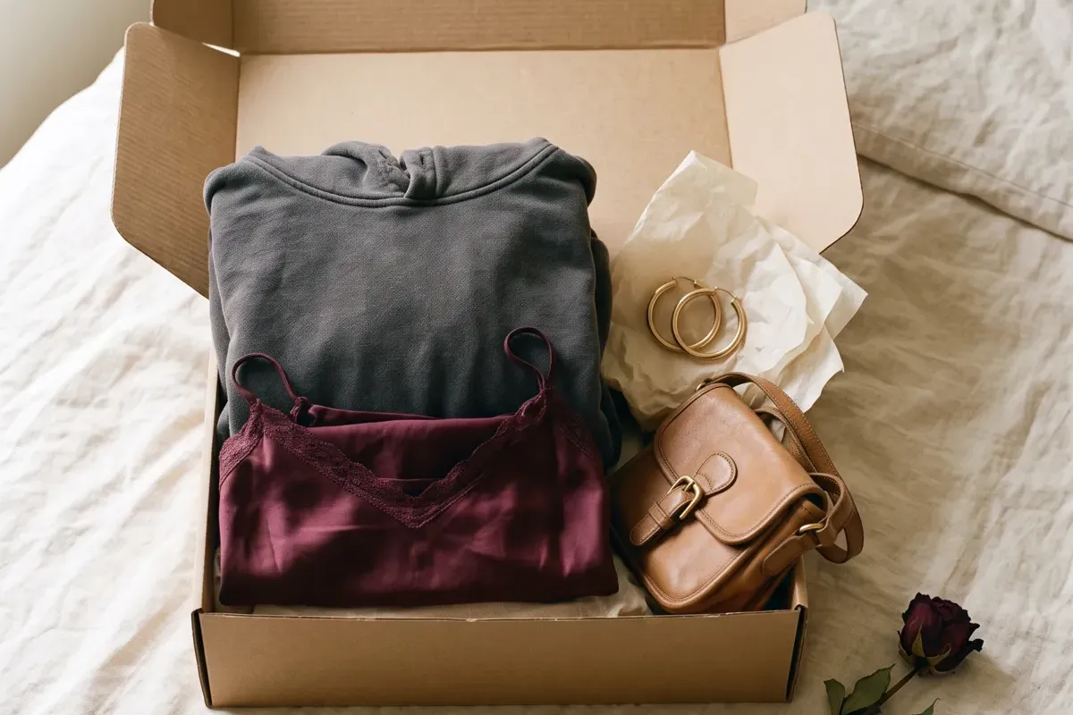 Box of neatly folded pre-loved clothes, a tan bag and gold hoops ready to sell as a bundle