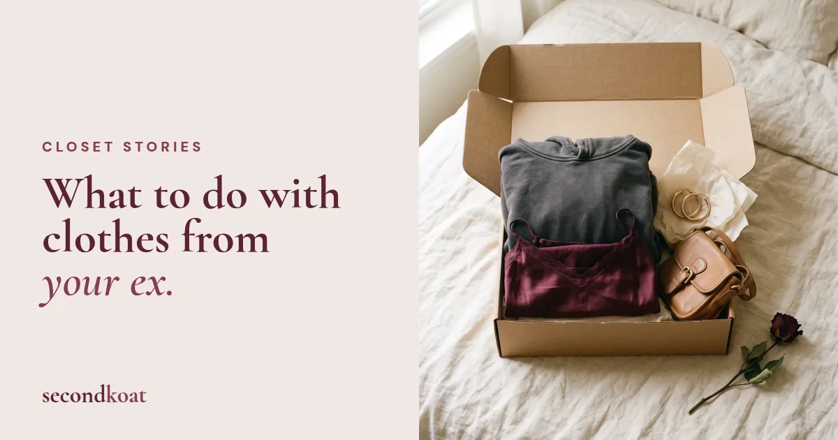 What to do with clothes from your ex: a box of folded sweaters and accessories packed to sell
