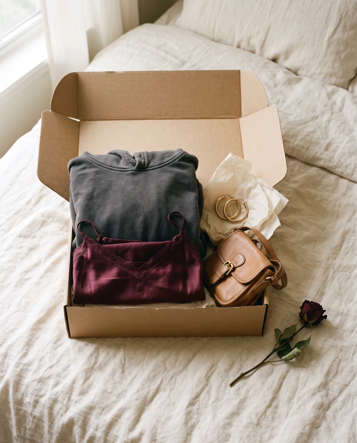 Open box of folded pre-loved clothes, a tan bag and gold hoops on a bed