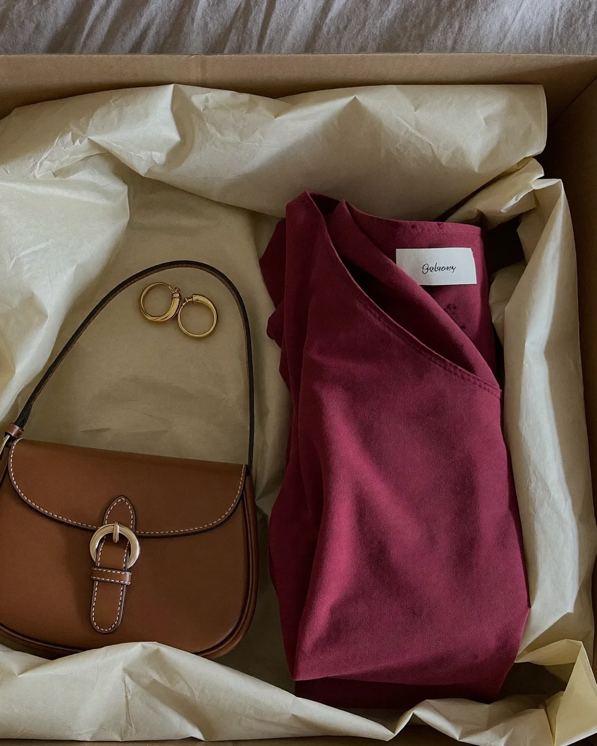 Tan leather bag and gold hoop earrings, pre-loved accessories and jewellery