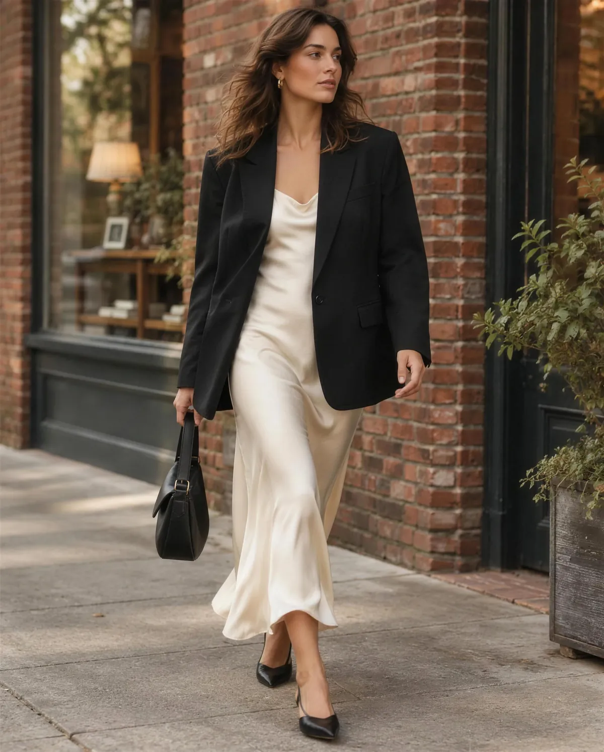 Woman styling a tailored blazer with a cream slip dress